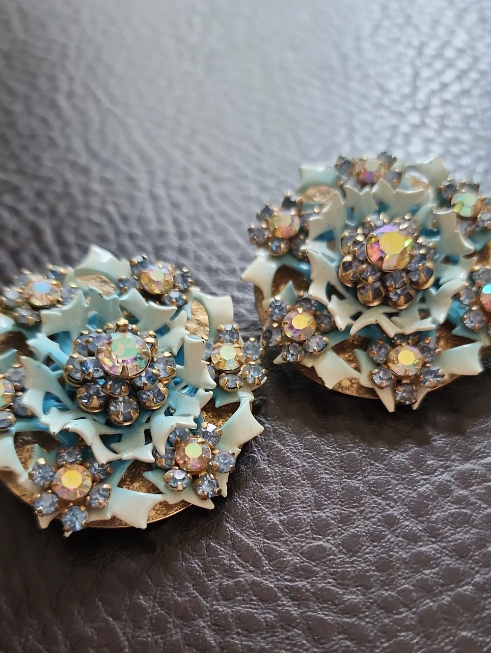 Vintage Style Aqua Crystal Flower Clip-On Earrings